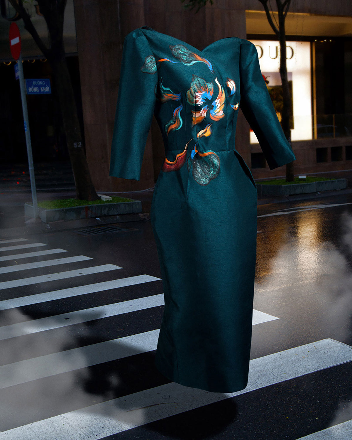 Flowers Burning-painted Prussian Blue Midi Dress