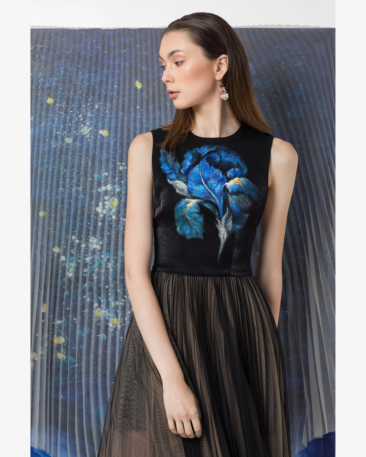 Iris-painted Sleeveless Black Gown Dress