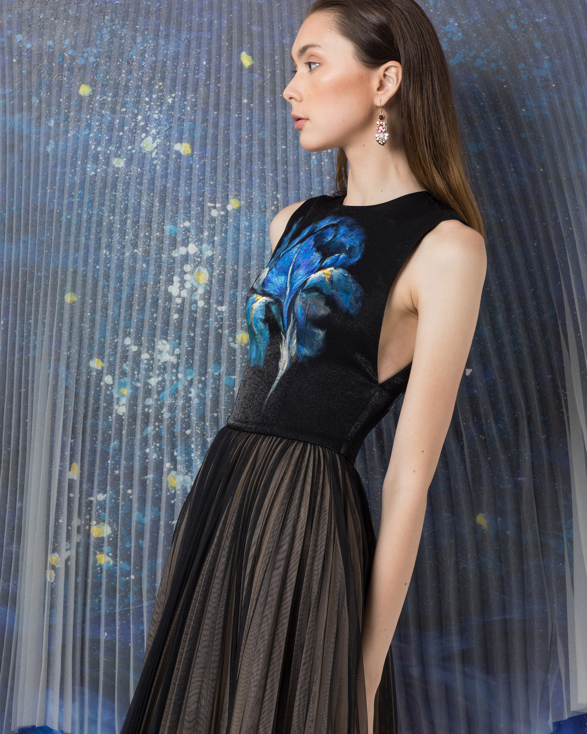 Iris-painted Sleeveless Black Gown Dress