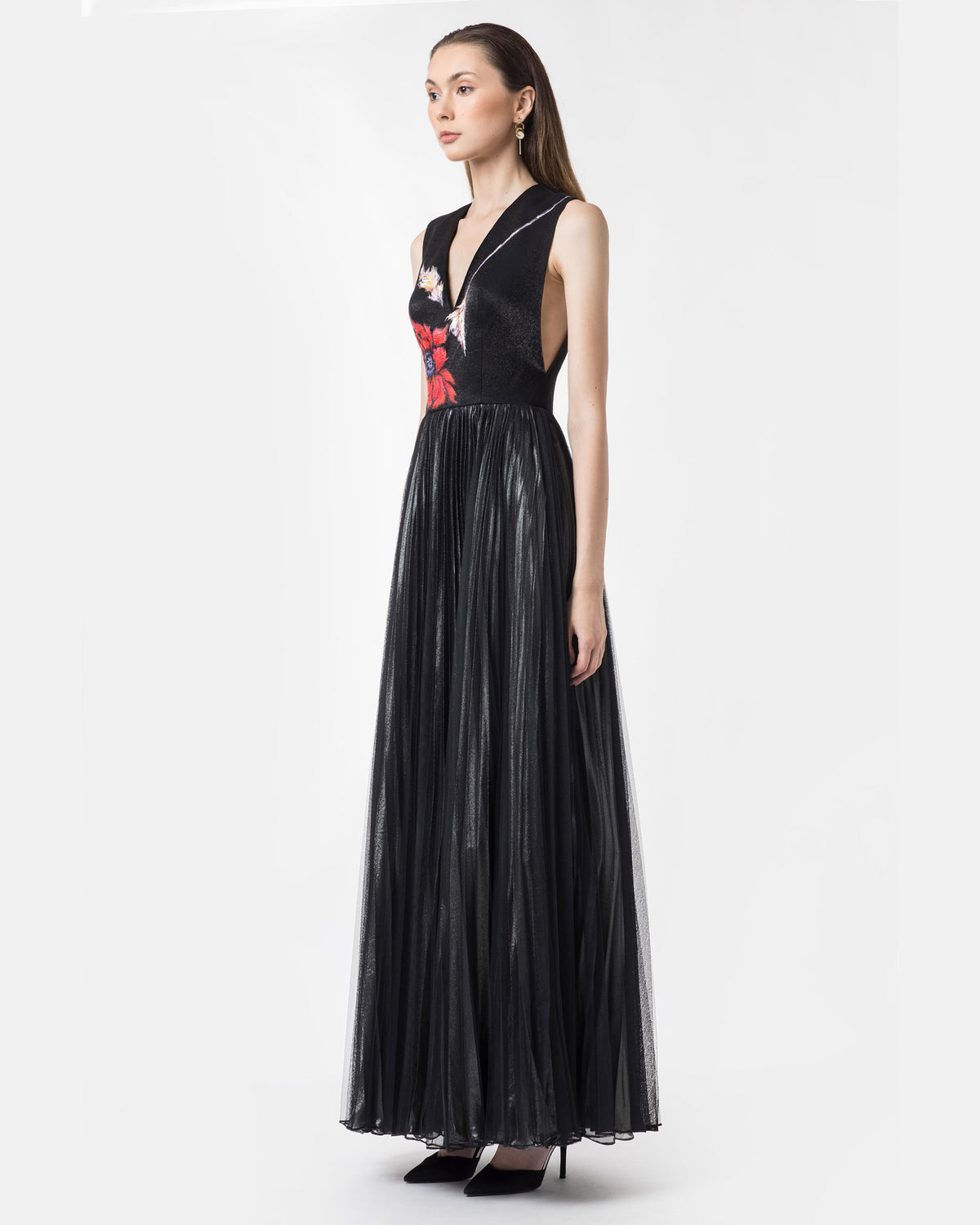 Poppy-painted Sleeveless Black  Gown Dress