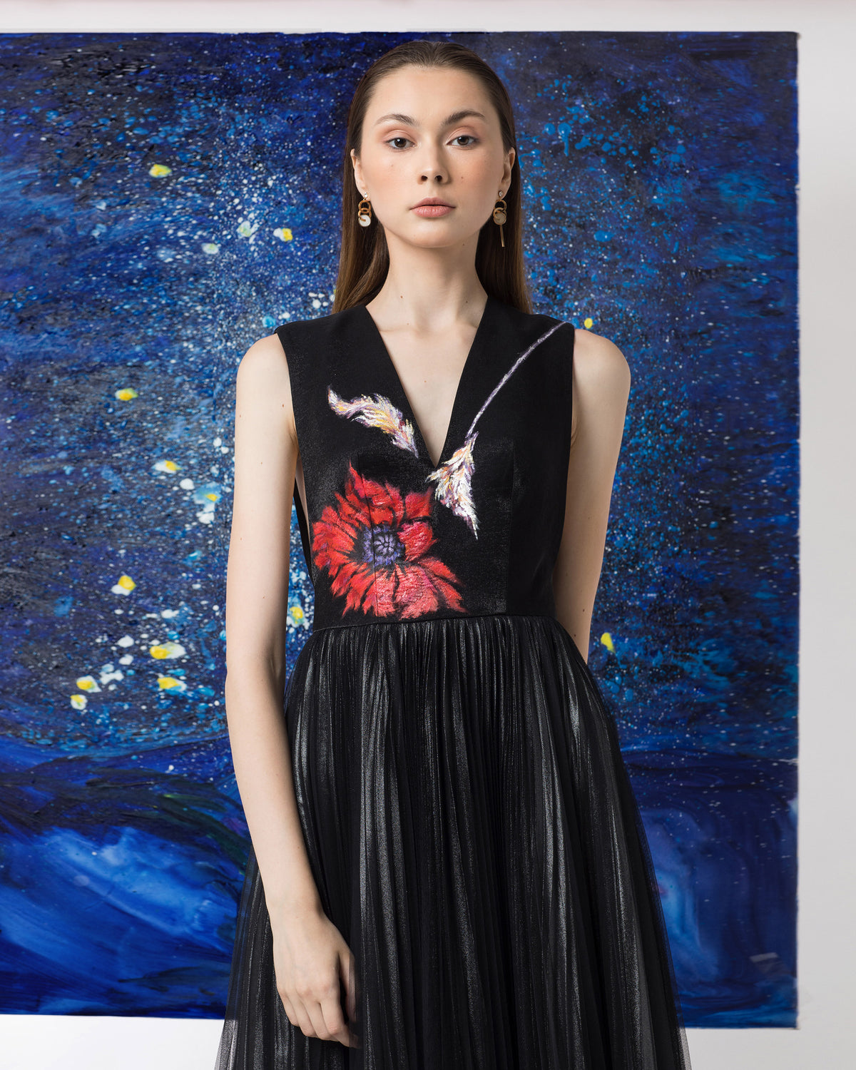 Poppy-painted Sleeveless Black  Gown Dress