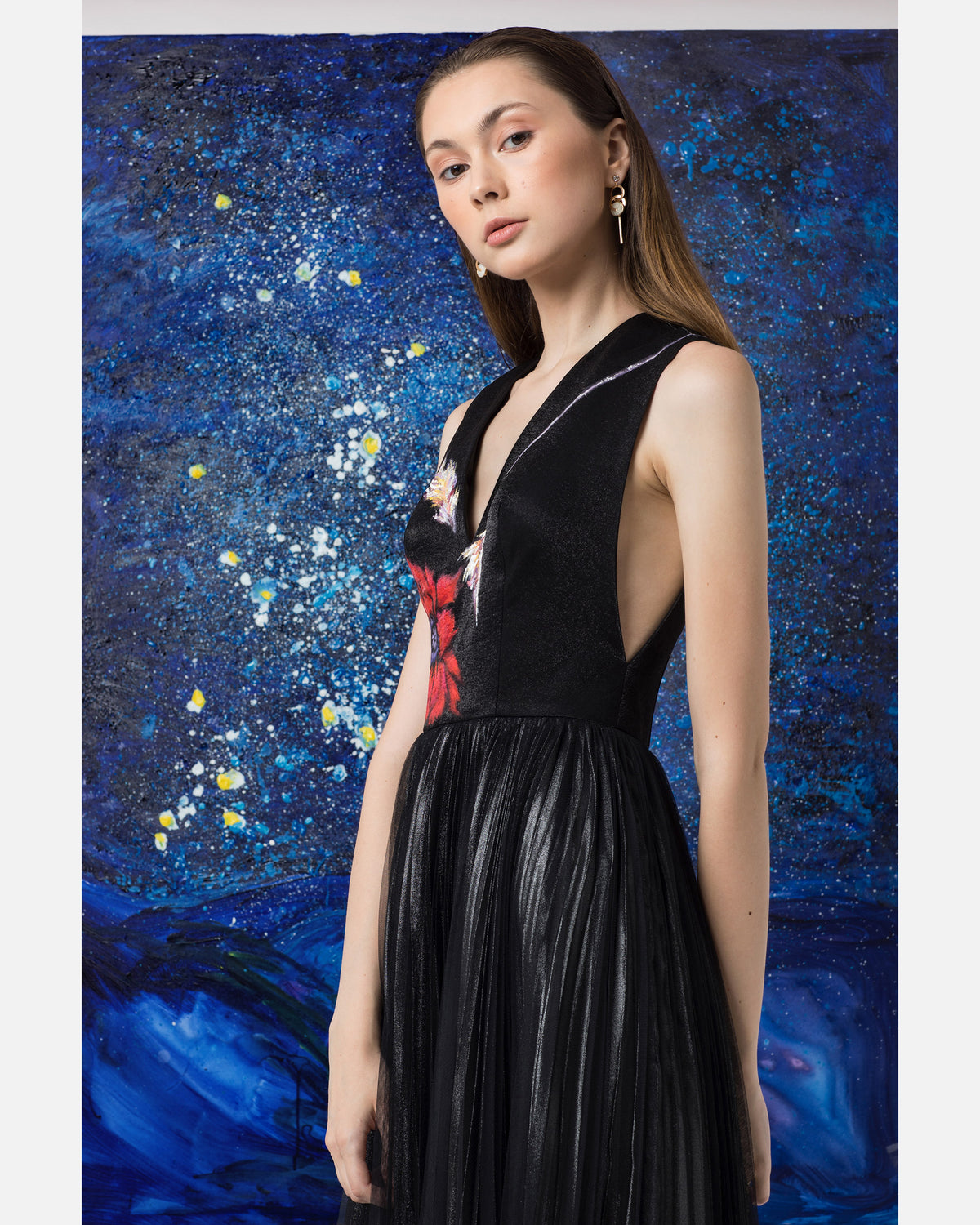 Poppy-painted Sleeveless Black  Gown Dress