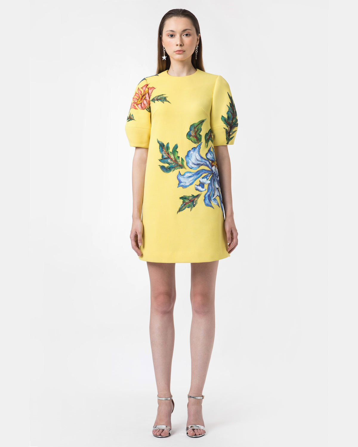 Đầm suông tay phồng họa tiết hoa Poppy vẽ tay