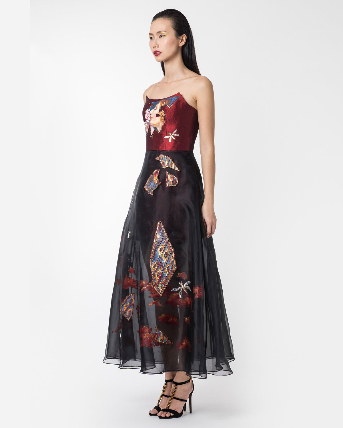 Rose Garden-painted Strapless Red Gown Dress