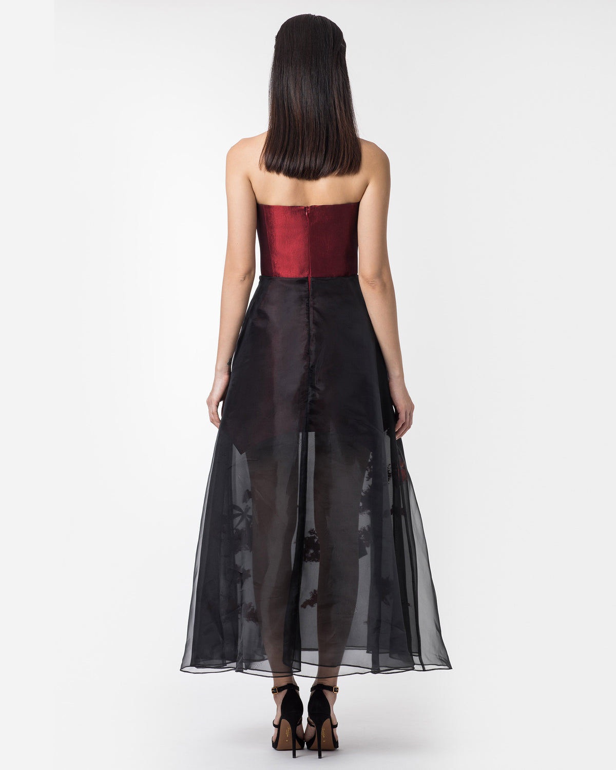 Rose Garden-painted Strapless Red Gown Dress