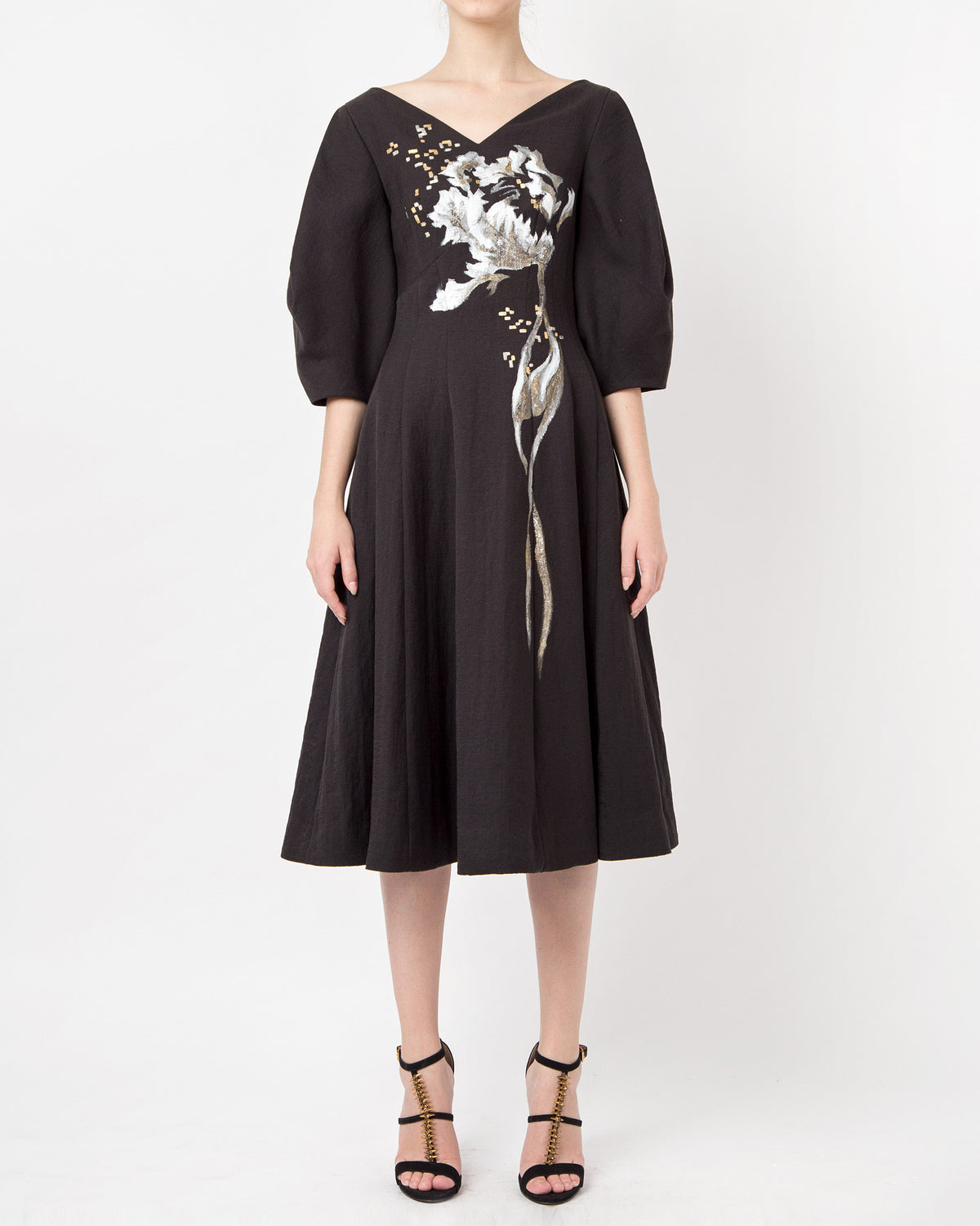Wildflower-painted Voluminous Sleeve Midi Dress