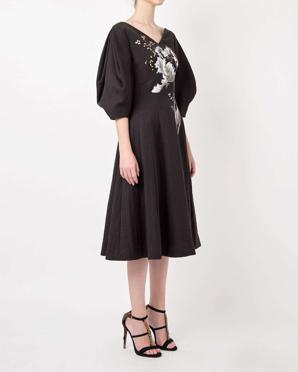Wildflower-painted Voluminous Sleeve Midi Dress
