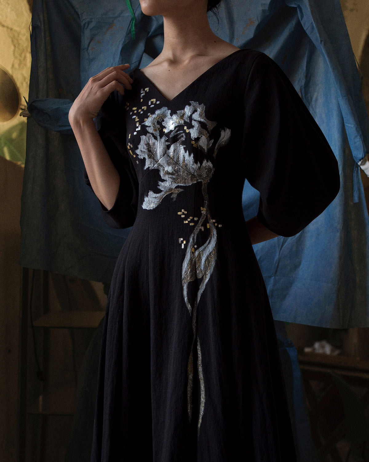 Wildflower-painted Voluminous Sleeve Midi Dress