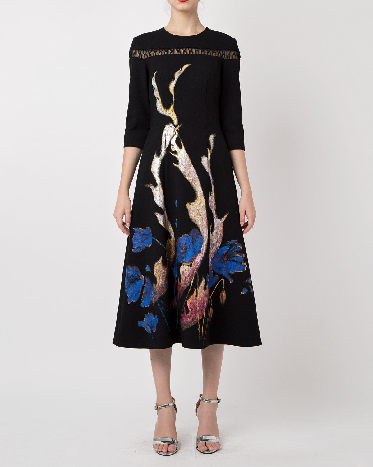 Phoenix in poppy-painted  mid-length Sleeve Black Skater Dress.
