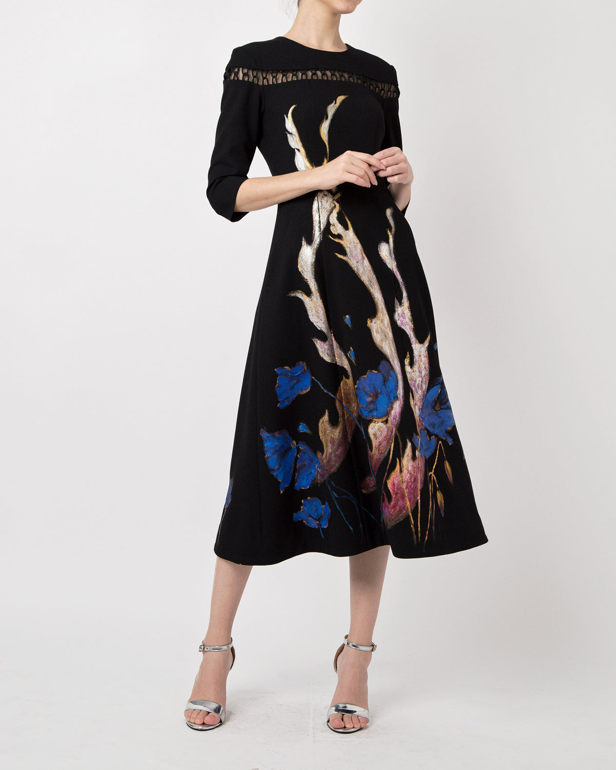 Phoenix in poppy-painted  mid-length Sleeve Black Skater Dress.