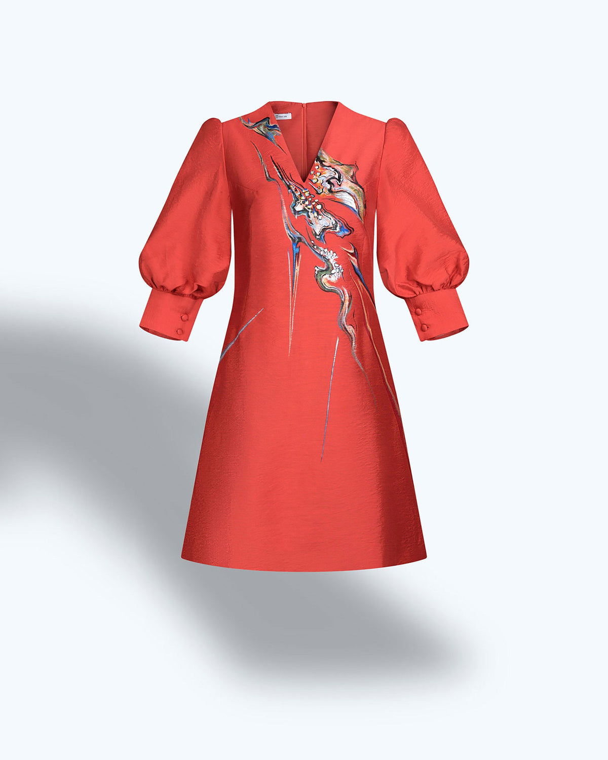 TinyInk-fallwinter-orange-hand-painted-flower-puff-sleeve-mini-dress