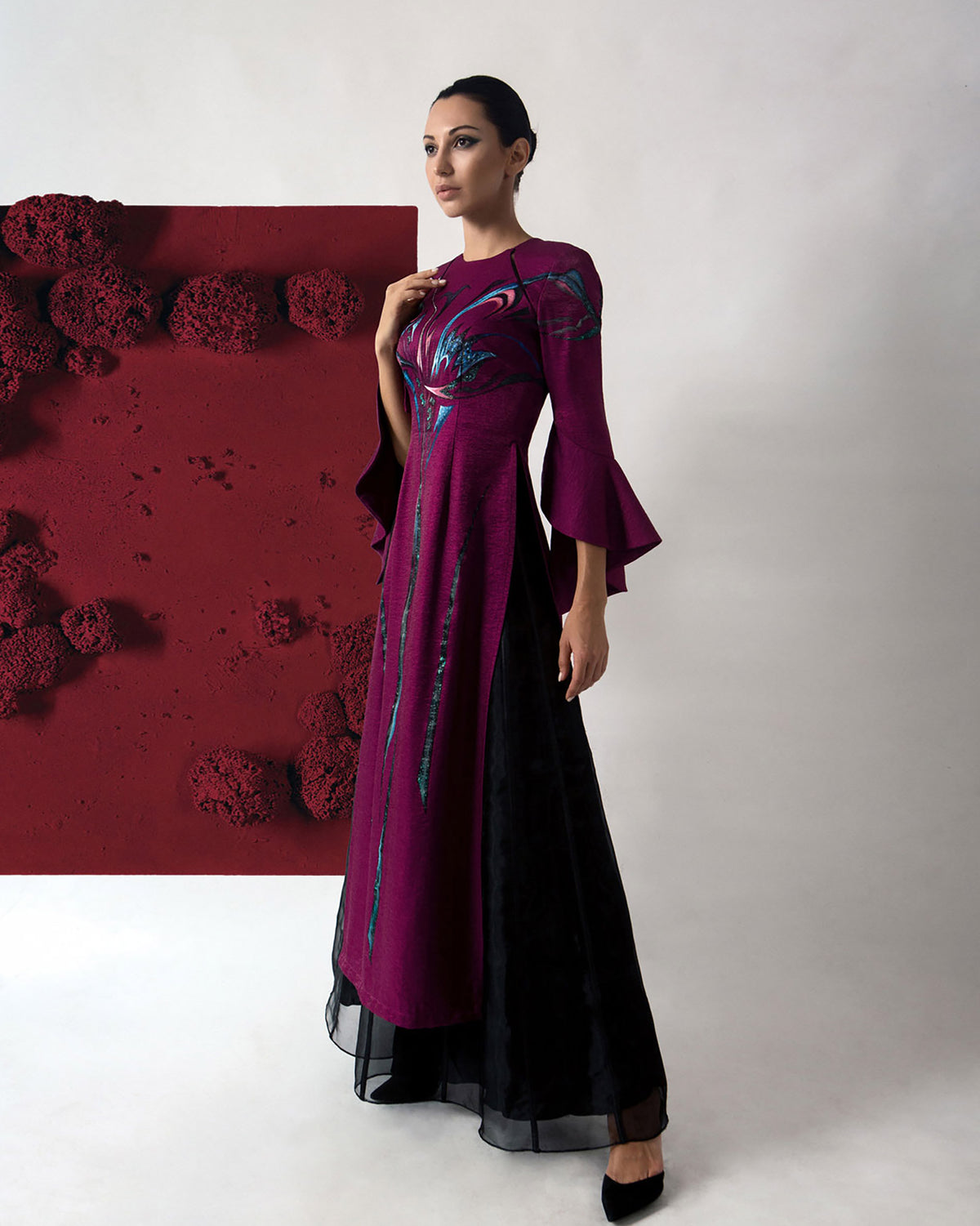 Amaryllis-painted Circular Sleeve Contemporary Aodai