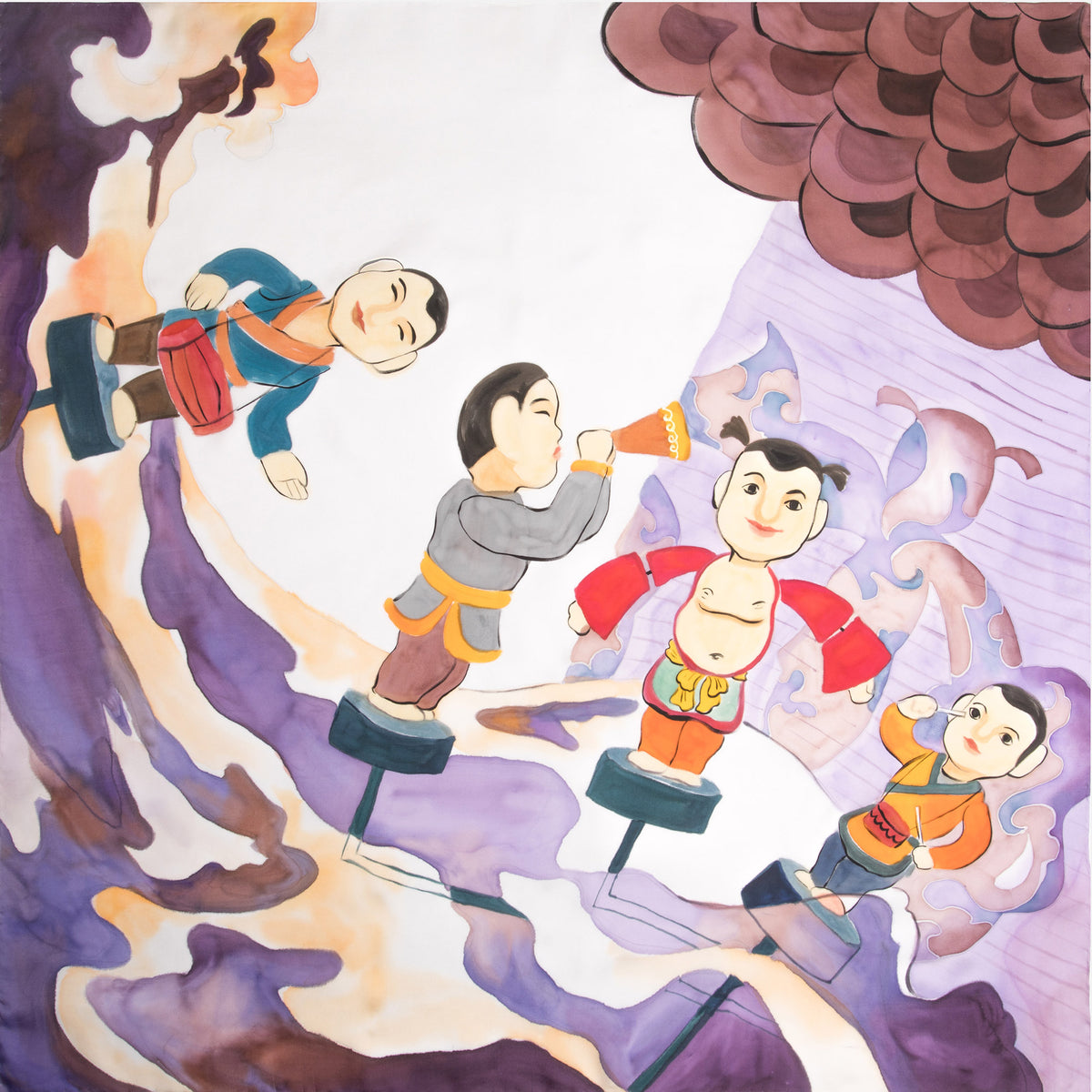 Vietnamese Water Puppet Hand-painted 90 Square Silk Scarf