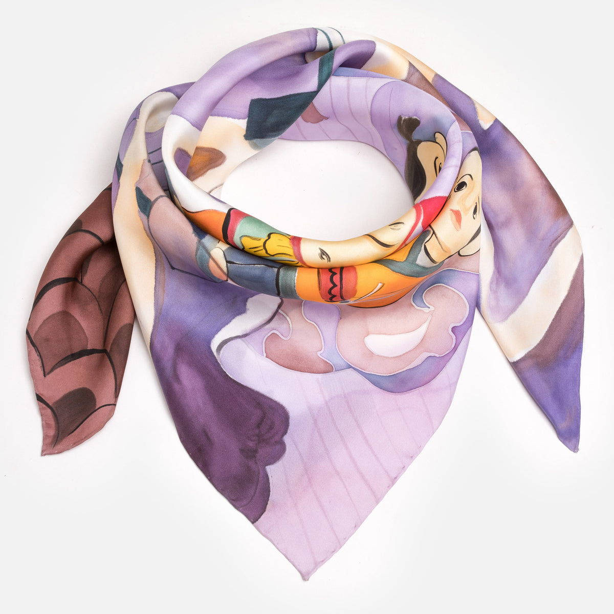 Vietnamese Water Puppet Hand-painted 90 Square Silk Scarf