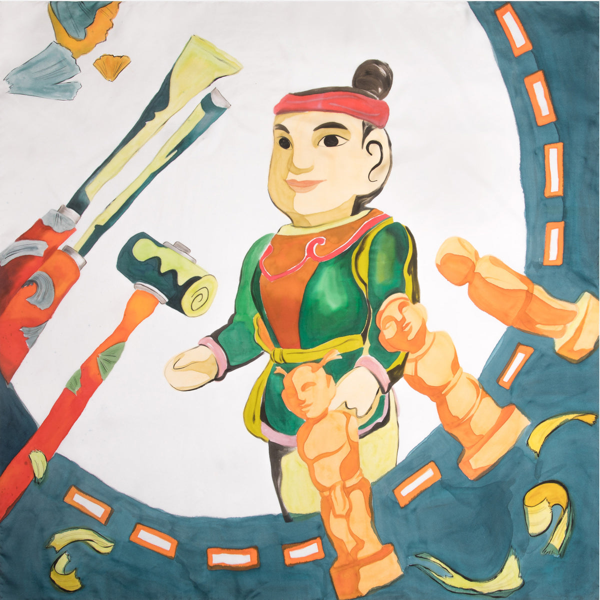 Vietnamese Water Puppet Hand-painted 90 Square Silk Scarf