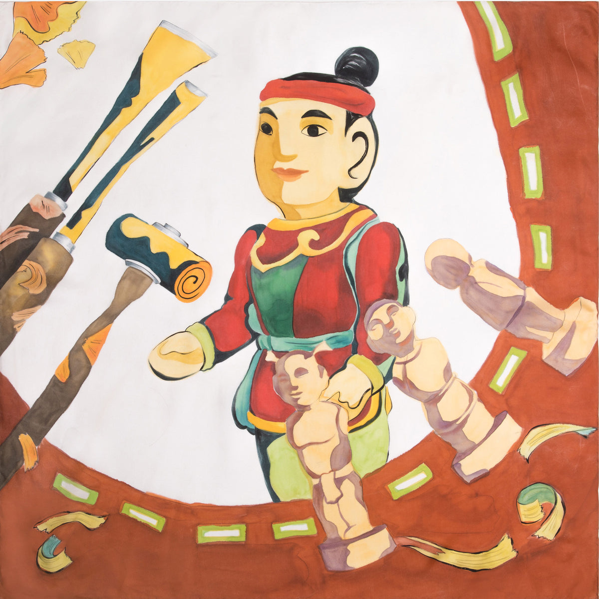 Vietnamese Water Puppet Hand-painted 90 Square Silk Scarf