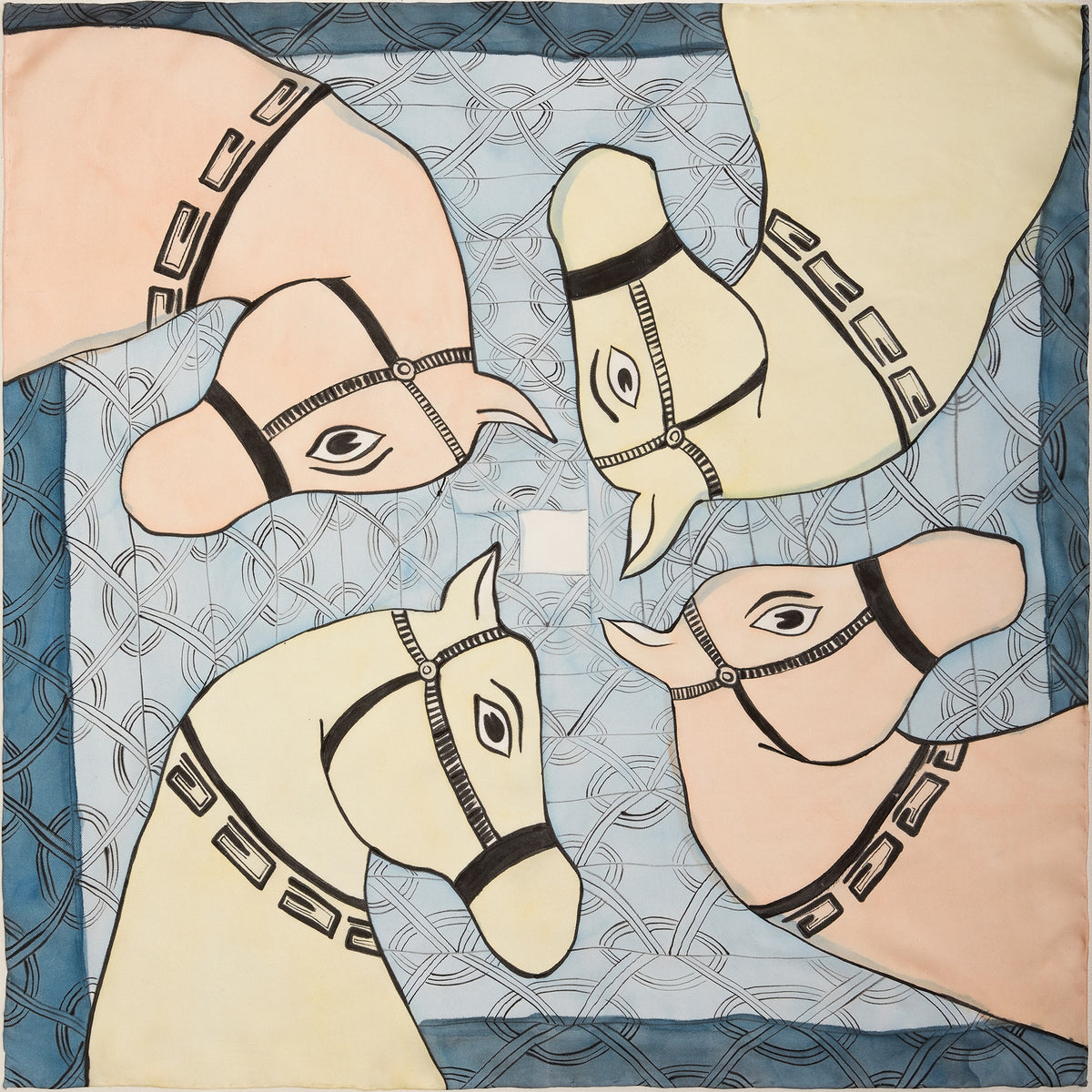 Vietnamese Water Puppet Hand-painted 55 Square Silk Scarf