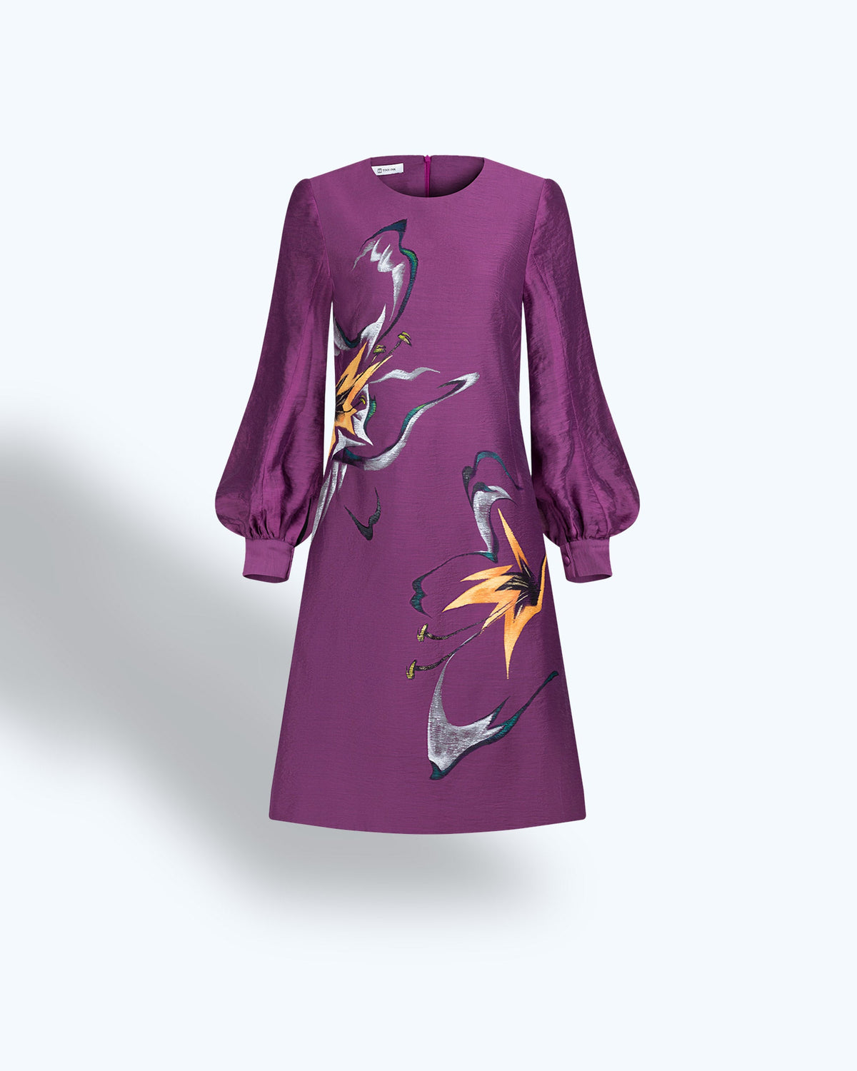 Tinyink-Fallwinter20-Purple-hand-painted-amaryllis-puff-sleeve-mini-dress