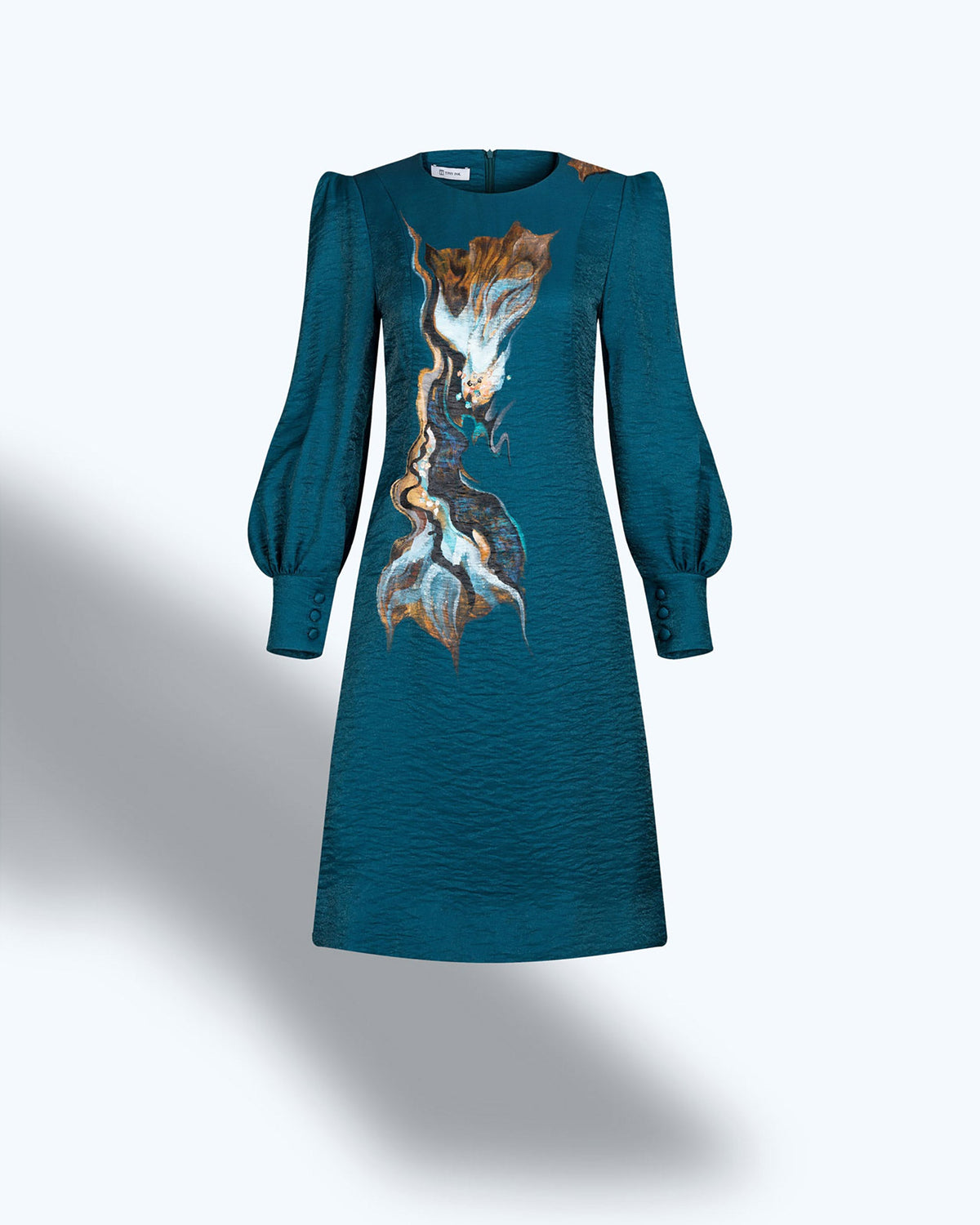 Tinyink-Fallwinter20-prussian-blue-hand-painted-puff-sleeve-mini-dress