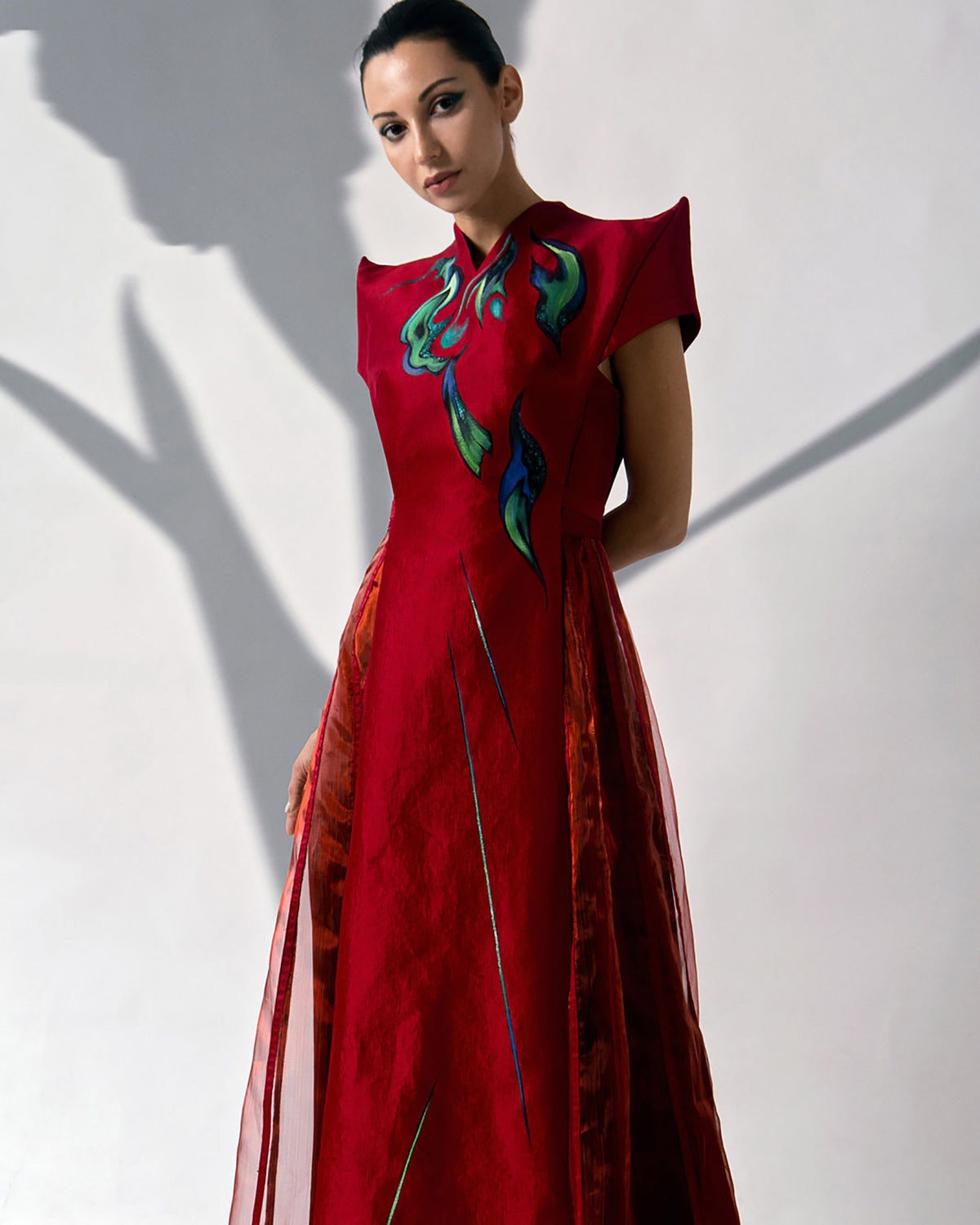 Auroras - Structured Shoulder Red Evening Dress