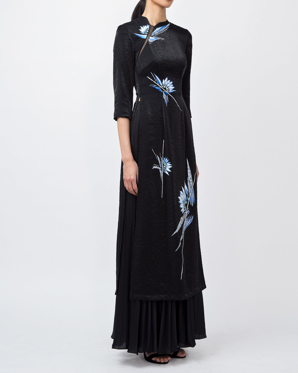 Water Lily-painted Black Taffeta Contemporary Ao Dai