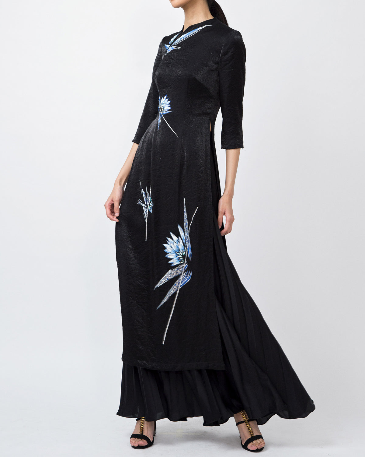 Water Lily-painted Black Taffeta Contemporary Ao Dai