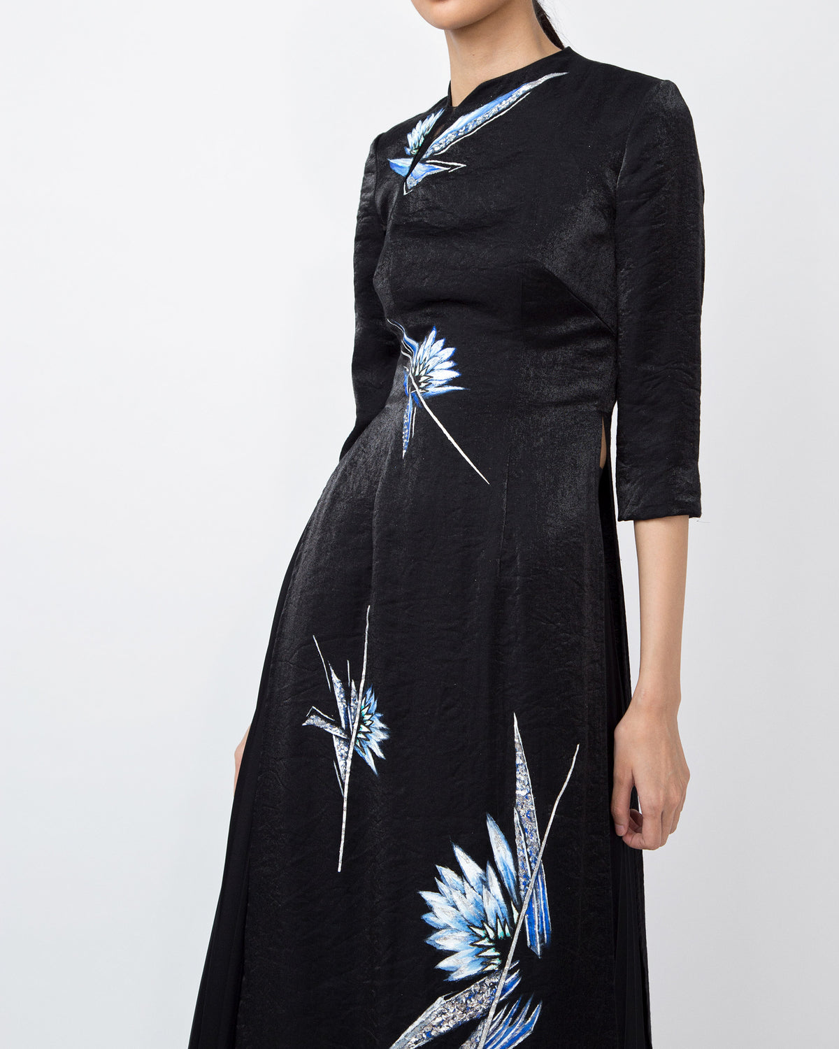 Water Lily-painted Black Taffeta Contemporary Ao Dai