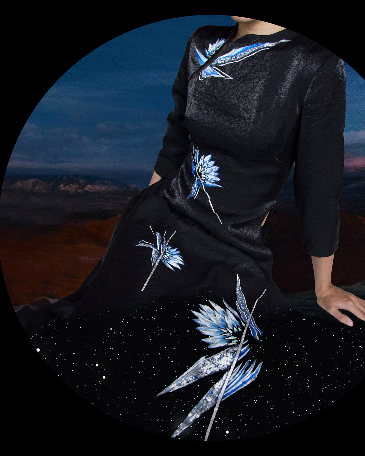 Water Lily-painted Black Taffeta Contemporary Ao Dai