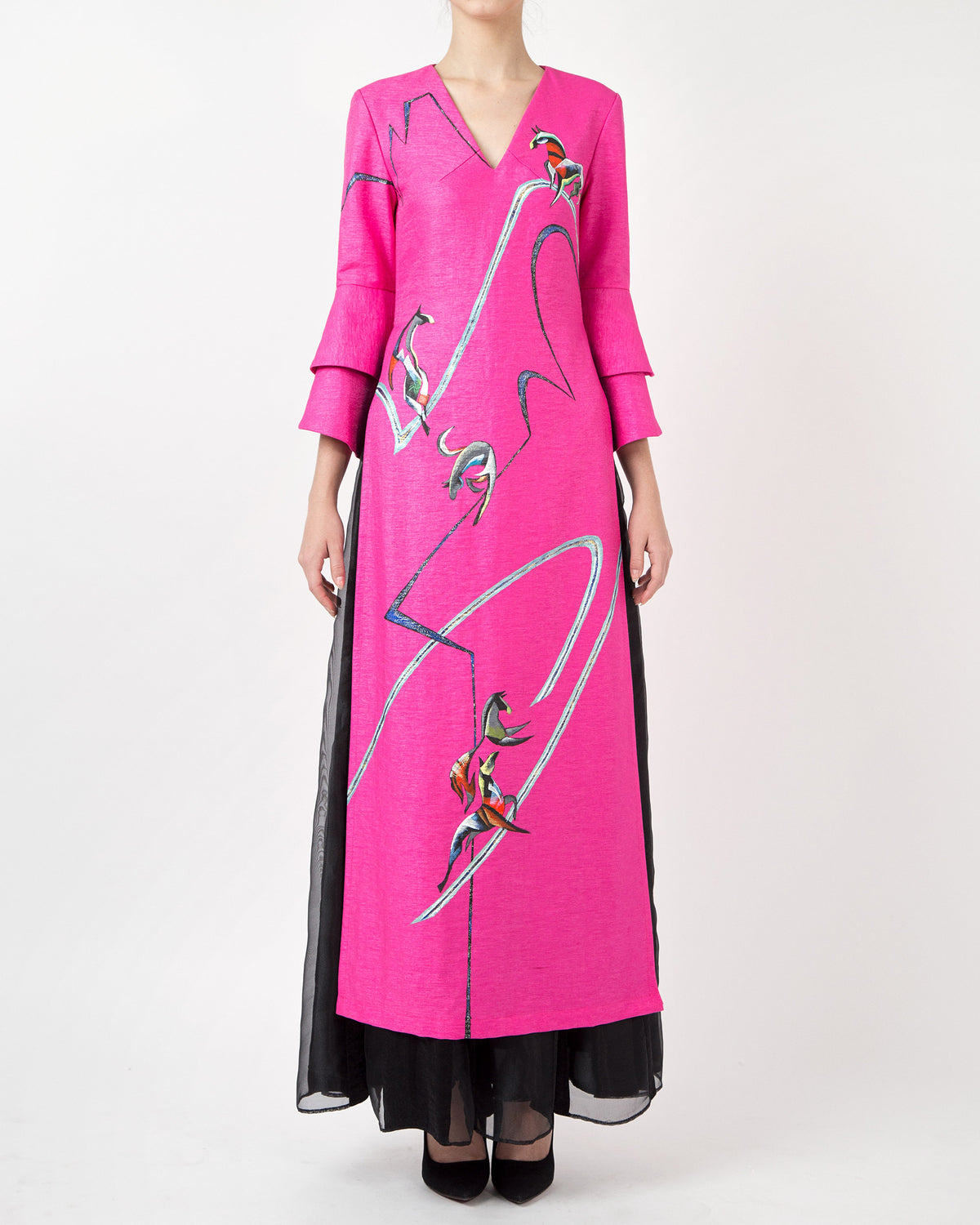 Horses Running-painted Circular Cuffs Sleeve Pink Contemporary Ao Dai