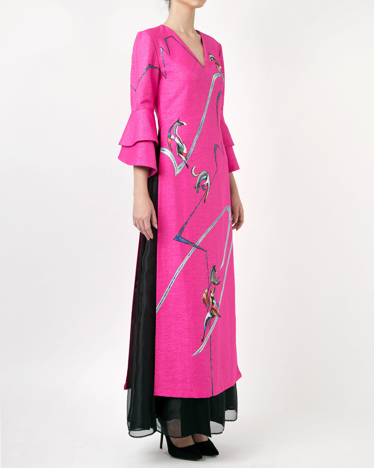 Horses Running-painted Circular Cuffs Sleeve Pink Contemporary Ao Dai