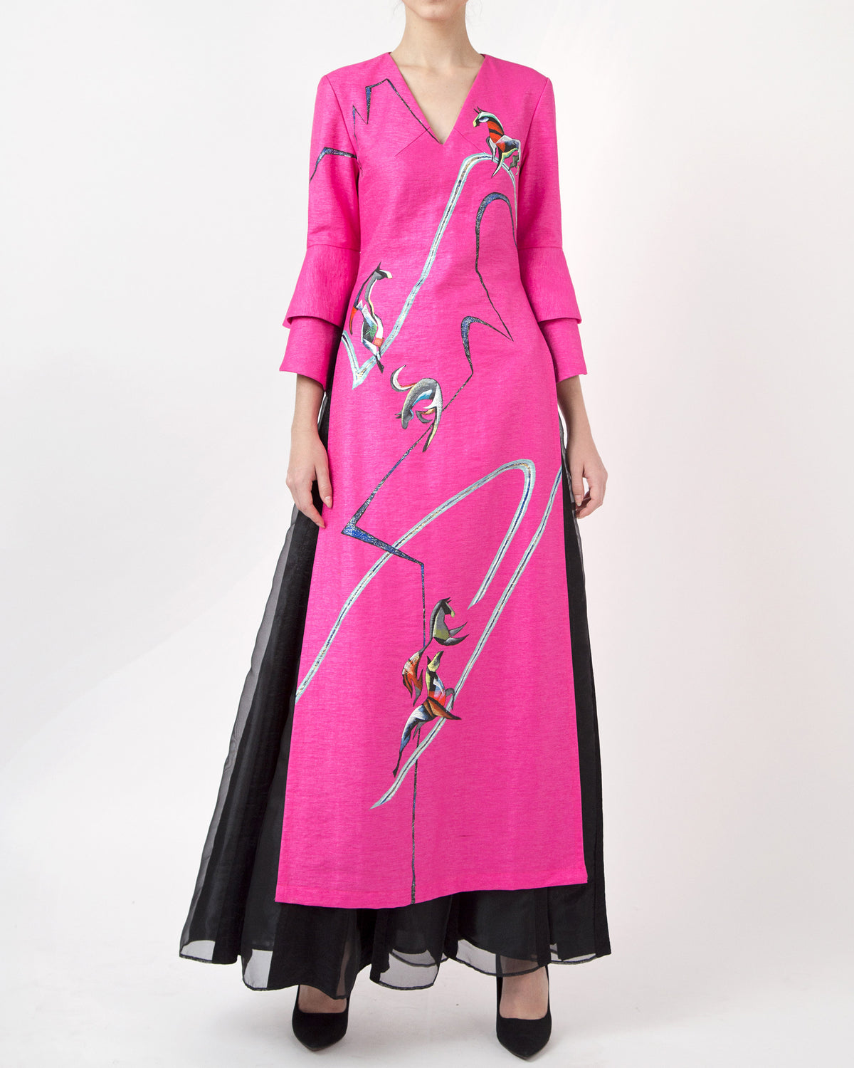 Horses Running-painted Circular Cuffs Sleeve Pink Contemporary Ao Dai