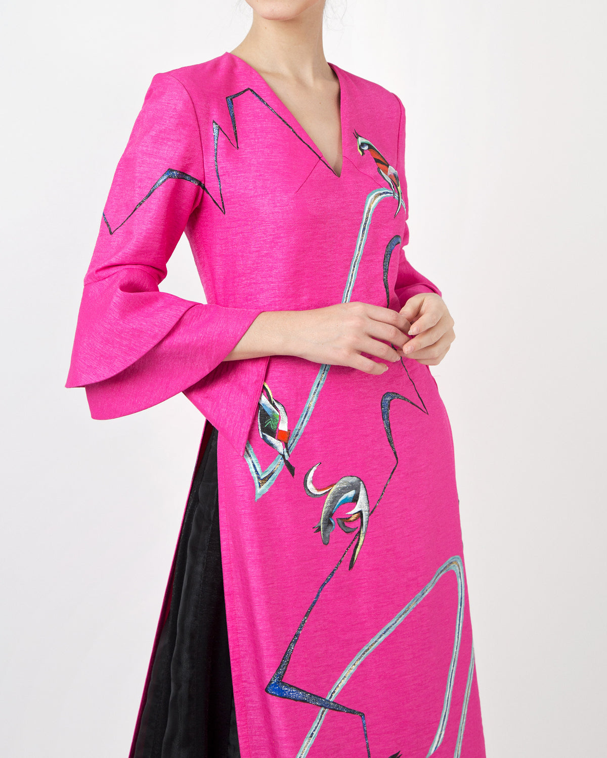 Horses Running-painted Circular Cuffs Sleeve Pink Contemporary Ao Dai