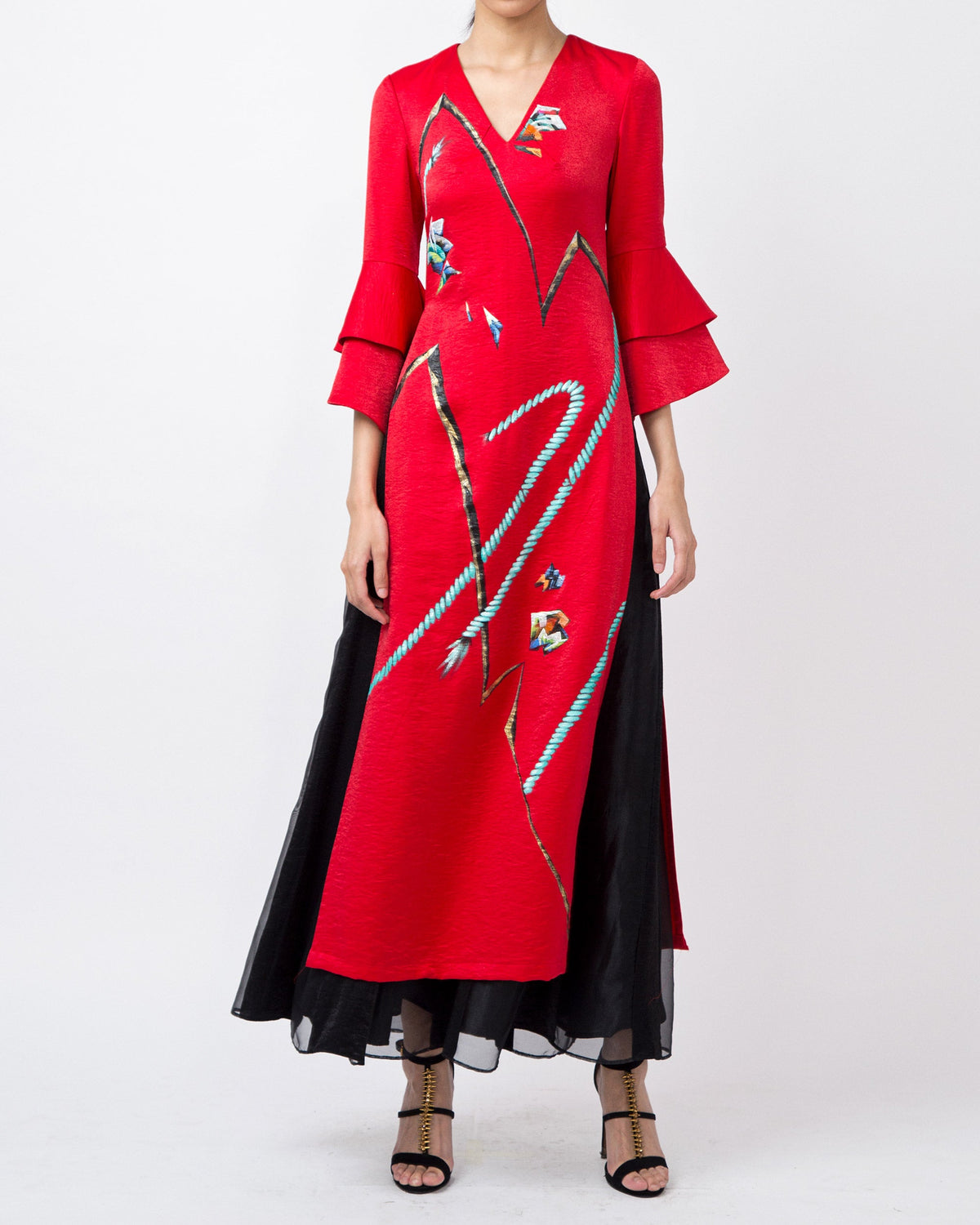 Tinyink-LN20-red-hand-painted-abstract-circular-sleeve-contemporary-aodai