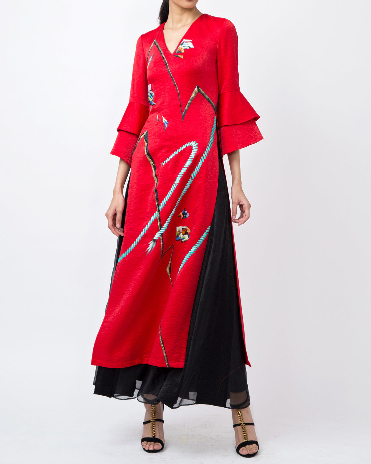 Ropes-painted Circular Cuffs Sleeve Viscose Contemporary Ao Dai