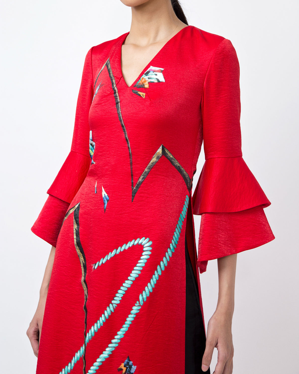 Ropes-painted Circular Cuffs Sleeve Viscose Contemporary Ao Dai