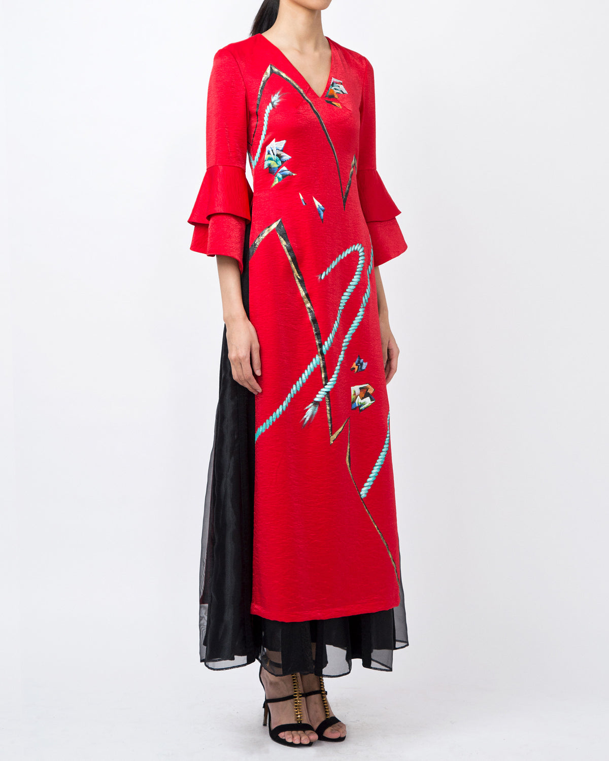 Ropes-painted Circular Cuffs Sleeve Viscose Contemporary Ao Dai