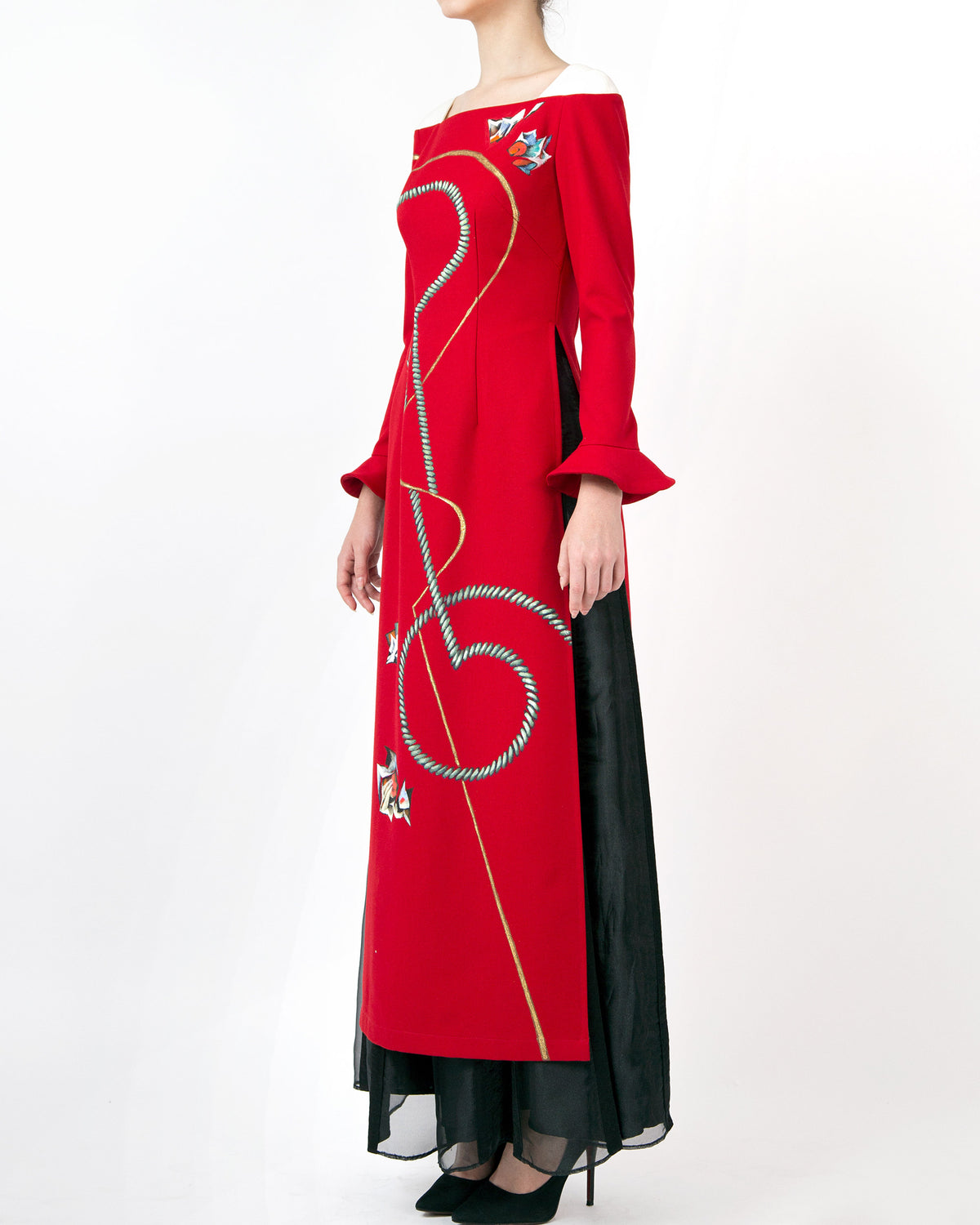 Ropes-painted Square Neck Red Contemporary Ao Dai