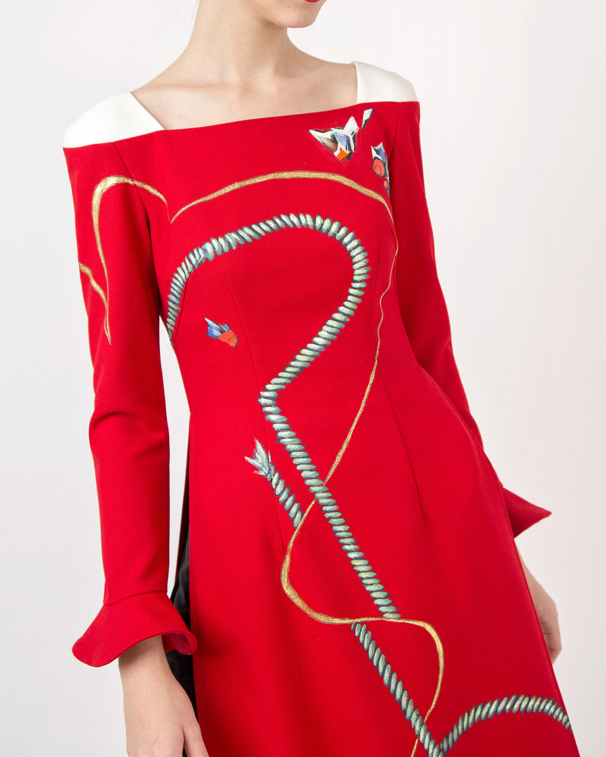 Ropes-painted Square Neck Red Contemporary Ao Dai