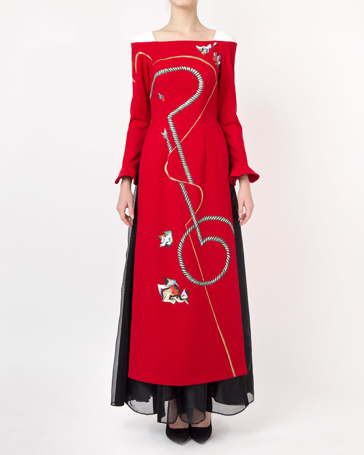 Ropes-painted Square Neck Red Contemporary Ao Dai