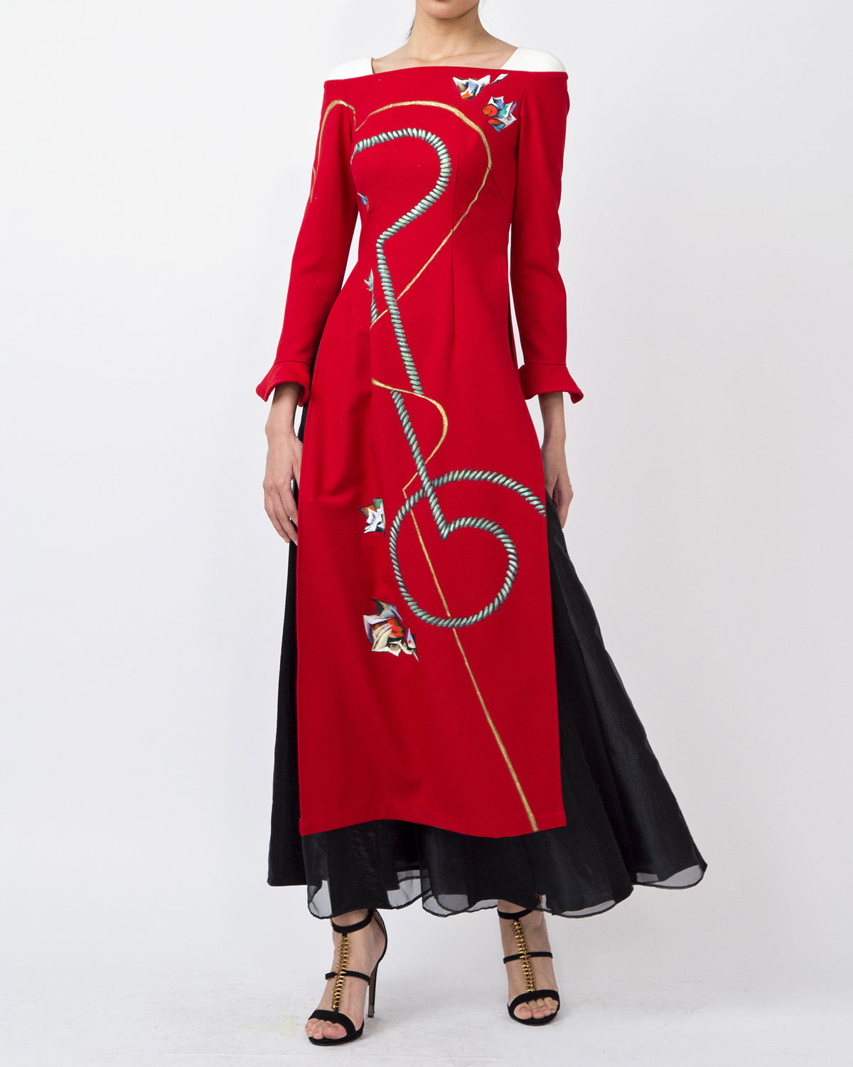 Ropes-painted Square Neck Red Contemporary Ao Dai