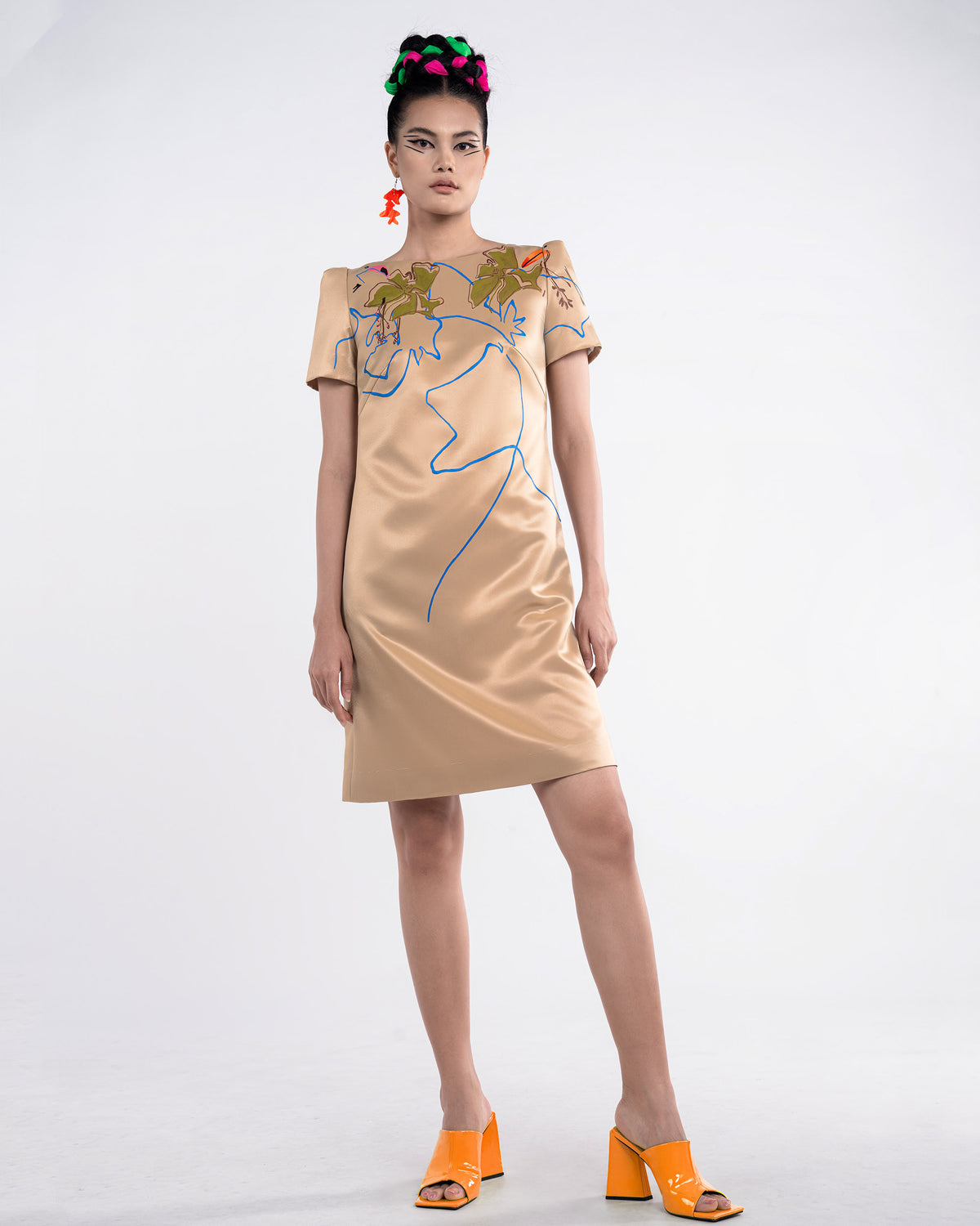 Abstract Hand-painted Tucked Sleeves Light Brown Mini Dress