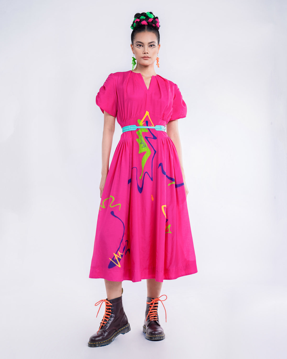 Hot Pink Flower - V-notched Pleated Neck Midi Dress