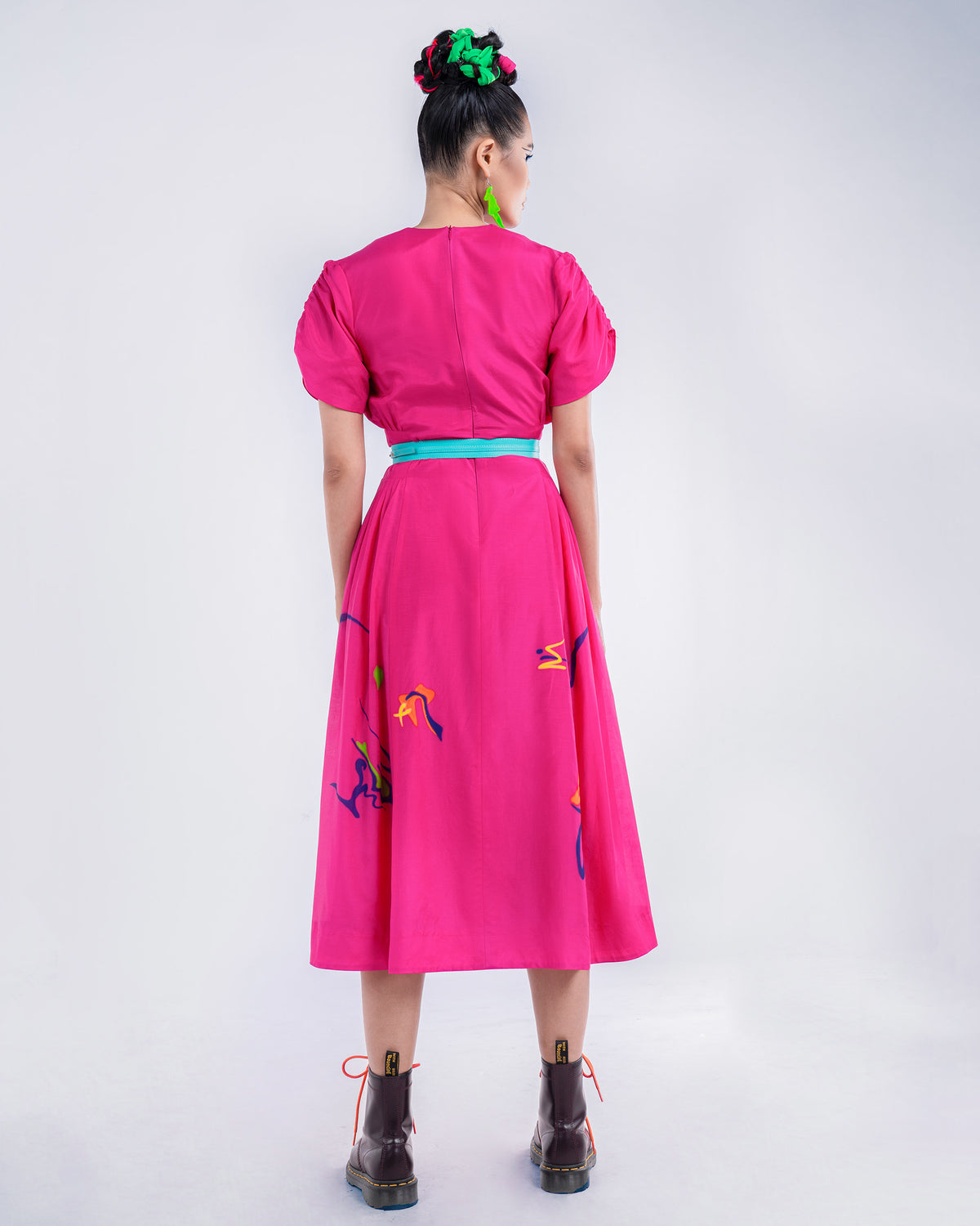 Hot Pink Flower - V-notched Pleated Neck Midi Dress