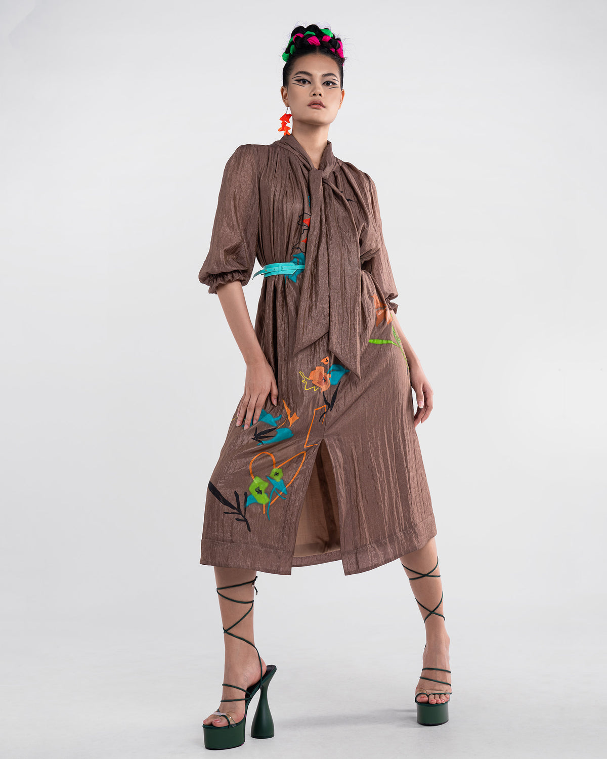 In The Wind - Pleated Pussy Bow Collar Brown Shift Dress