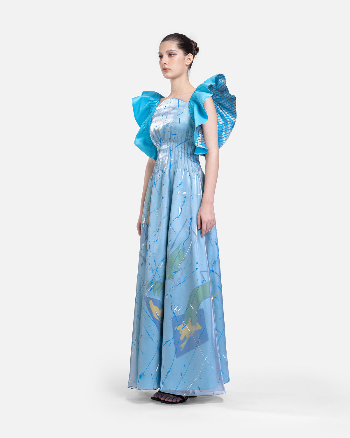 Dragon In Aquamarine - Ruffled Sleeves Gown Dress
