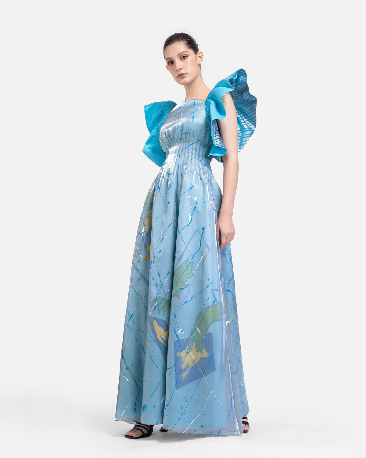 Dragon In Aquamarine - Ruffled Sleeves Gown Dress