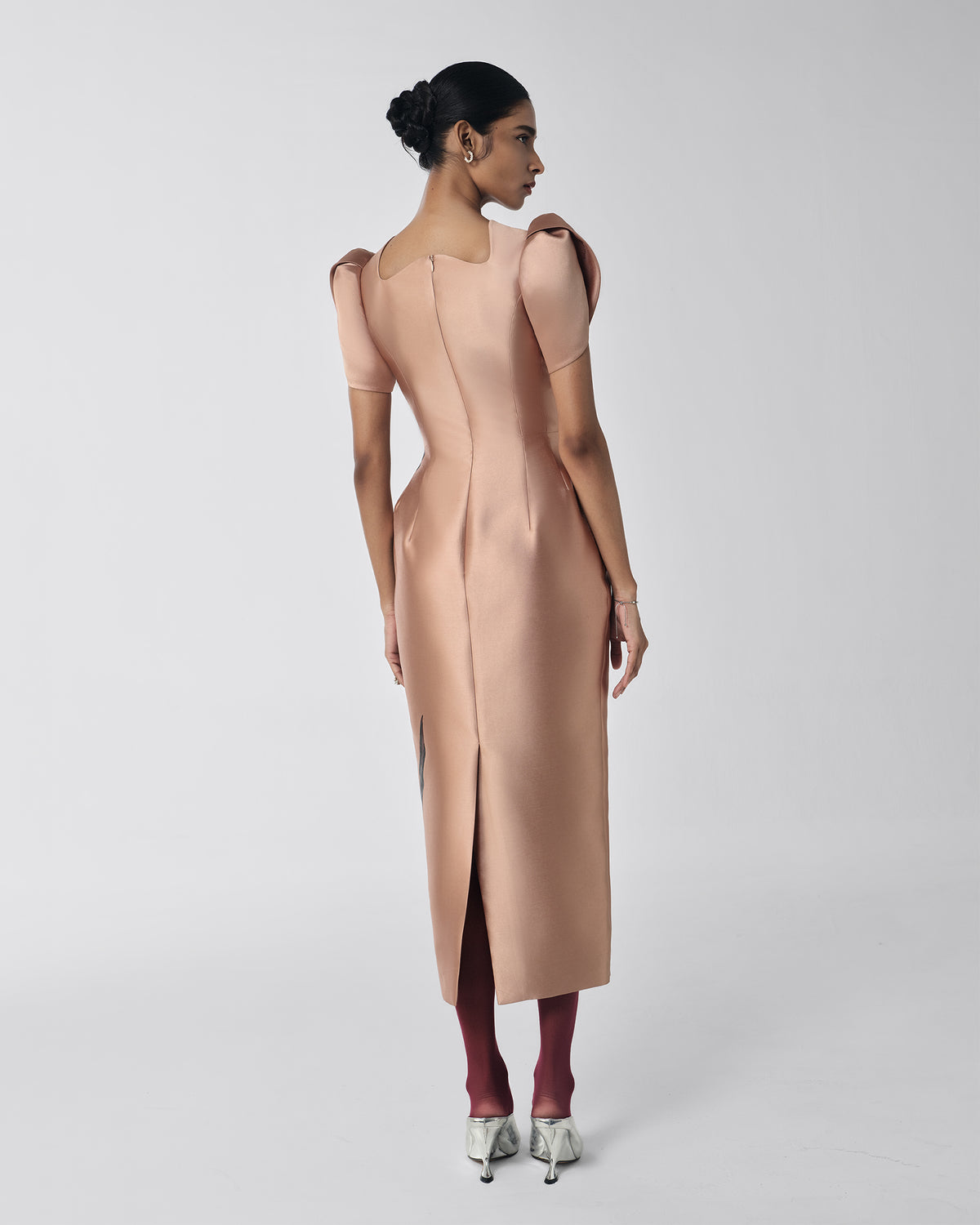 Breath of Meadow – Petal Sleeve Fawn Beige Pegged Midi Dress