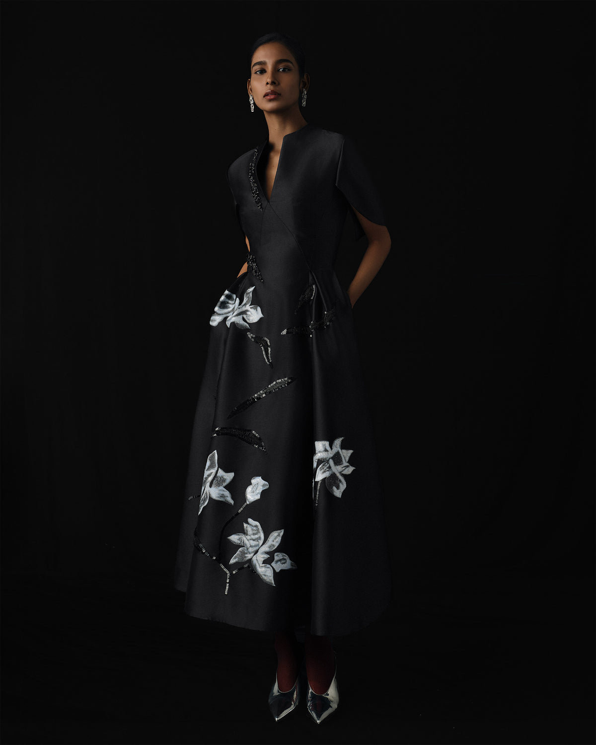 Moonlight Sonata - Orchid Charcoal Black Midi Dress