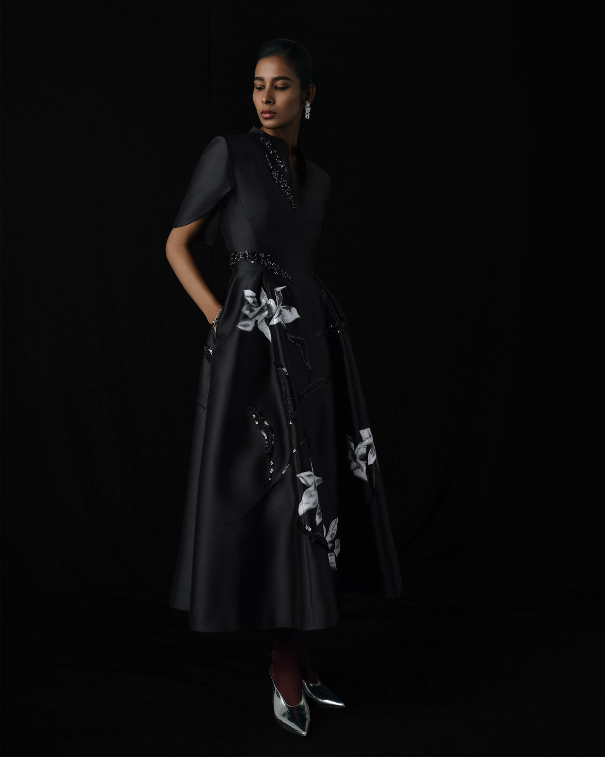 Moonlight Sonata - Orchid Charcoal Black Midi Dress