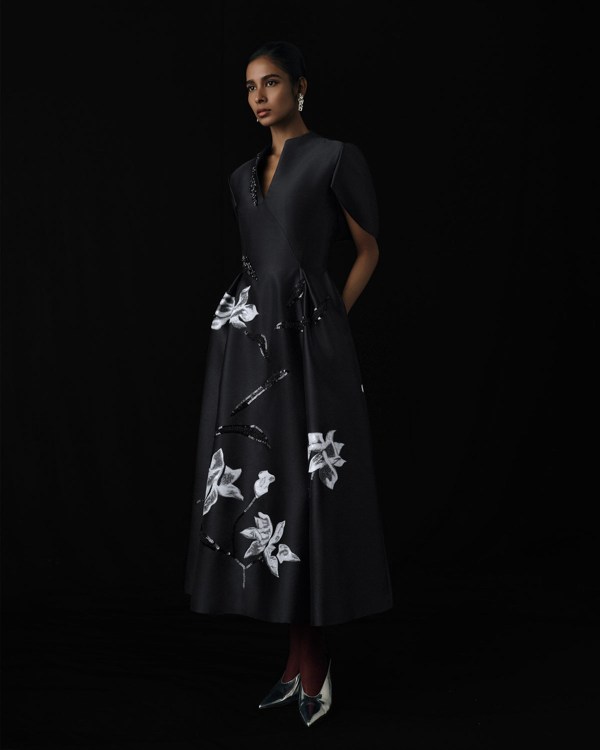 Moonlight Sonata - Orchid Charcoal Black Midi Dress